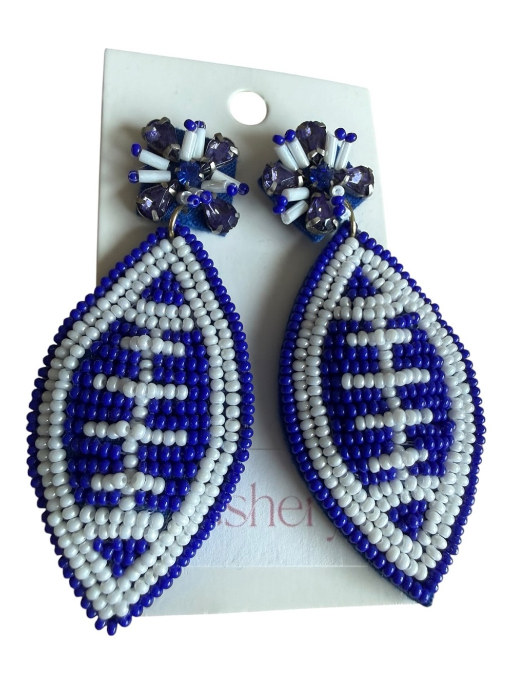 Usher Royal Blue and White Beaded Leaf Drop Earrings